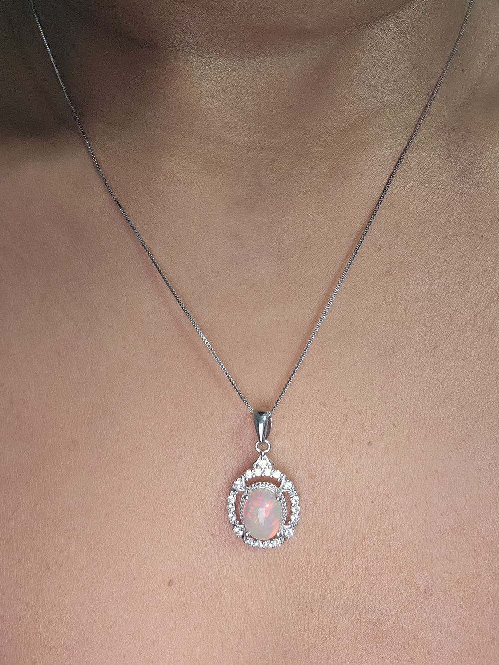 925S Opal Halo Pendant Necklace
